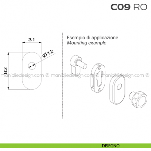 Bocchetta ovale con foro asse per cilindretti con codolo 31x62 mm C09RO Reguitti disegno