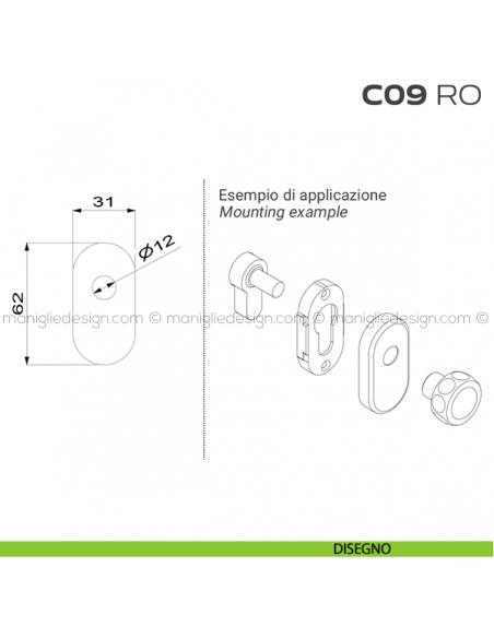 Bocchetta ovale con foro asse per cilindretti con codolo 31x62 mm C09RO Reguitti disegno