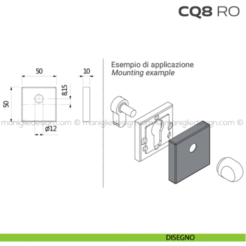 Bocchetta quadrata con foro asse per cilindretti con codolo 50x50 mm CQ8RO Reguitti disegno