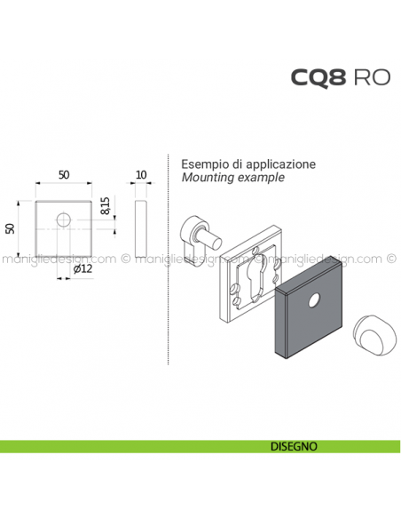 Bocchetta quadrata con foro asse per cilindretti con codolo 50x50 mm CQ8RO Reguitti disegno