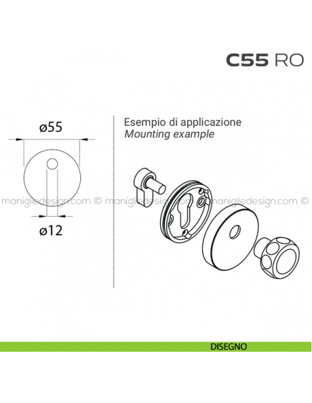 Bocchetta tonda con foro asse per cilindretti con codolo diametro 55 mm C55RO Reguitti disegno