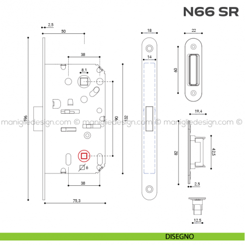 Serratura magnetica WC entrata 50 mm N66 SR Reguitti disegno