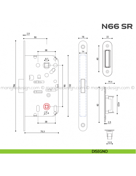 Serratura magnetica WC entrata 50 mm N66 SR Reguitti disegno