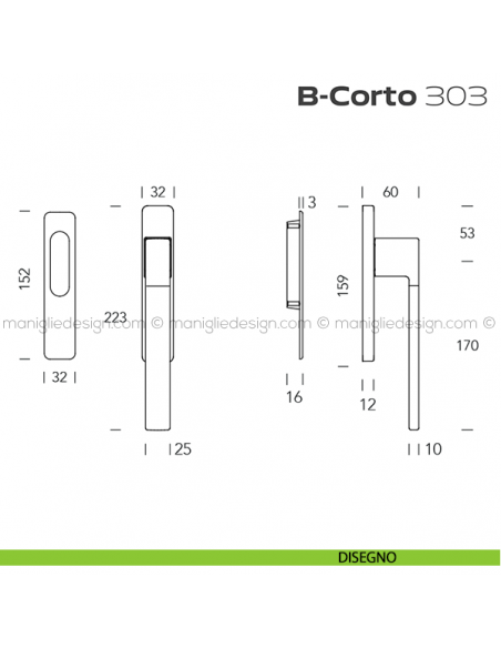 Maniglione per alzante scorrevole 303 B-Corto singolo disegno