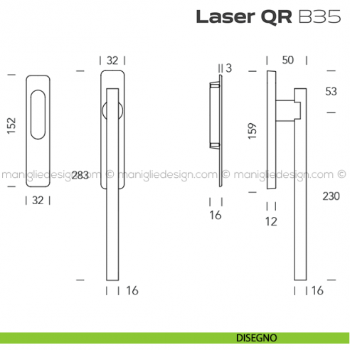 Maniglione ribassato per alzante scorrevole QR B35 Laser singolo disegno