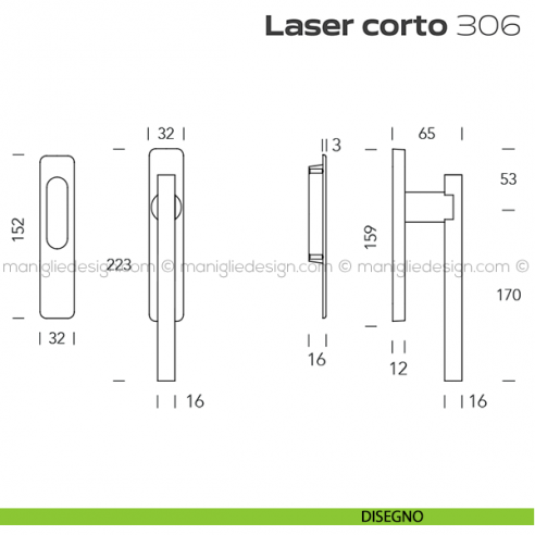 Maniglione per alzante scorrevole 306 Laser Corto singolo disegno