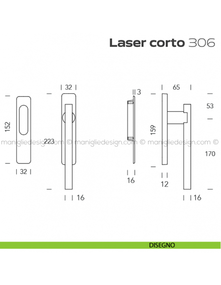 Maniglione per alzante scorrevole 306 Laser Corto singolo disegno