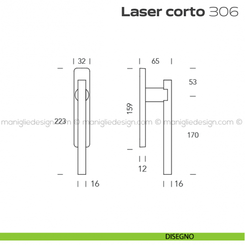Maniglione per alzante scorrevole 306 Laser Corto Reguitti accoppiato disegno