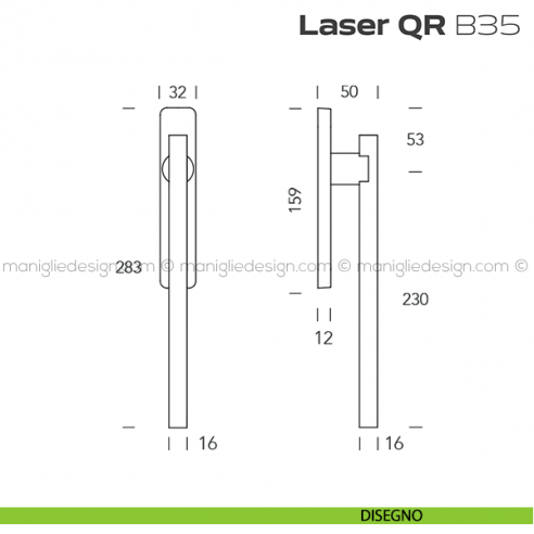 Maniglione ribassato per alzante scorrevole QR B35 Laser Reguitti accoppiato disegno