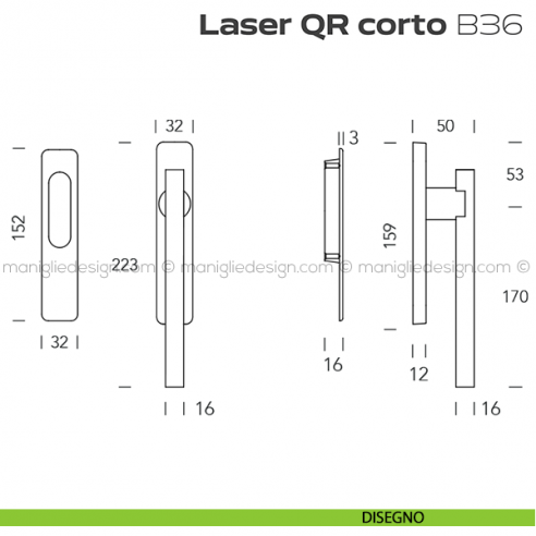 Maniglione ribassato per alzante scorrevole QR B36 Laser Corto singolo disegno