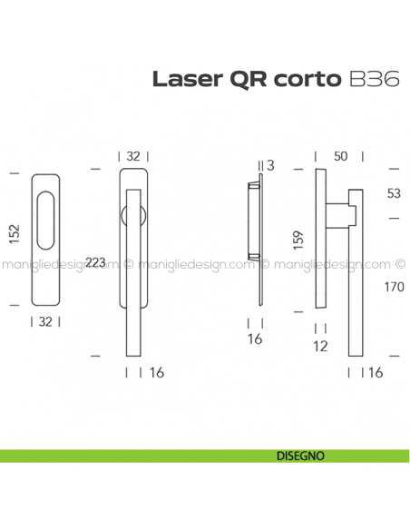Maniglione ribassato per alzante scorrevole QR B36 Laser Corto singolo disegno