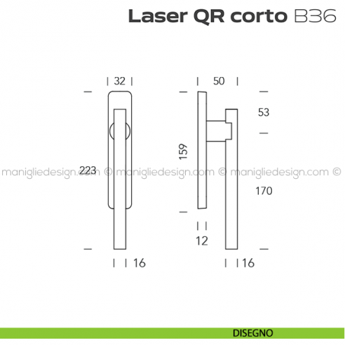 Maniglione ribassato per alzante scorrevole QR B36 Laser Corto Reguitti accoppiato disegno