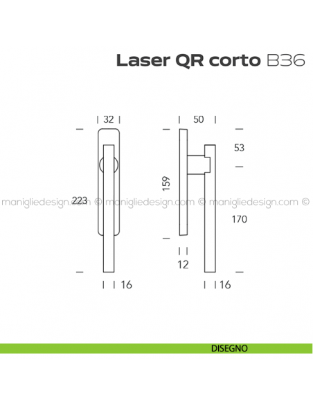 Maniglione ribassato per alzante scorrevole QR B36 Laser Corto Reguitti accoppiato disegno