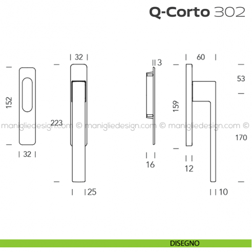 Maniglione per alzante scorrevole 302 Q-Corto singolo disegno