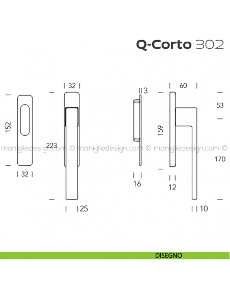 Maniglione per alzante scorrevole 302 Q-Corto singolo disegno