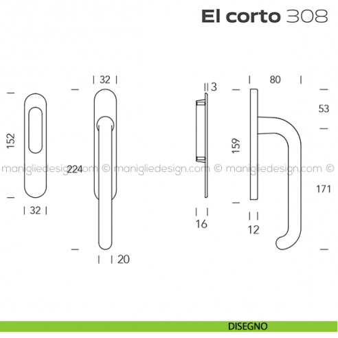 Maniglione per alzante scorrevole 308 El Corto singolo disegno