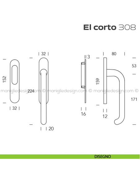 Maniglione per alzante scorrevole 308 El Corto singolo disegno