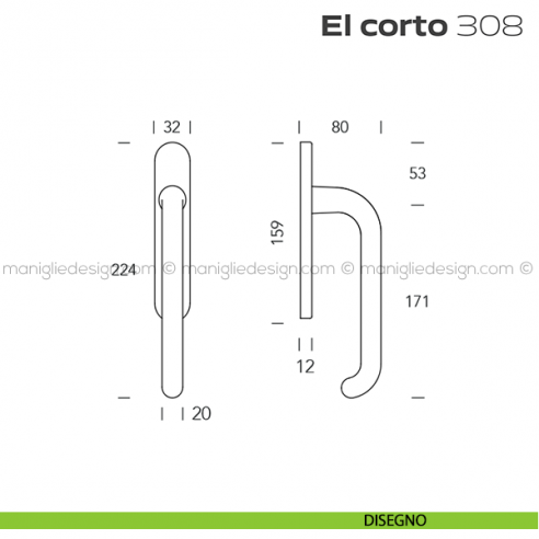 Maniglione per alzante scorrevole 308 El Corto Reguitti accoppiato disegno