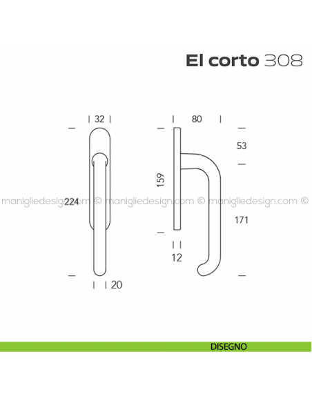 Maniglione per alzante scorrevole 308 El Corto Reguitti accoppiato disegno