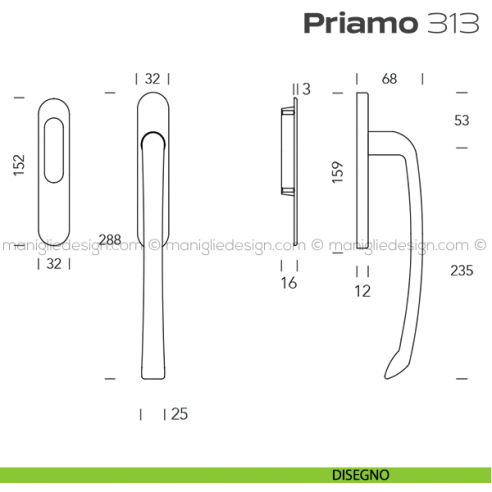 Maniglione per alzante scorrevole 313 Priamo singolo disegno