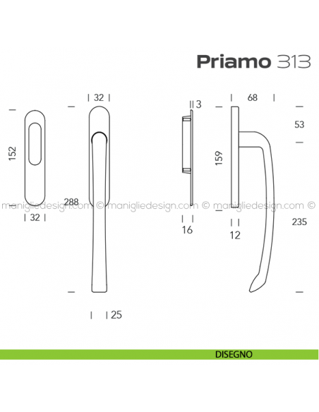Maniglione per alzante scorrevole 313 Priamo singolo disegno