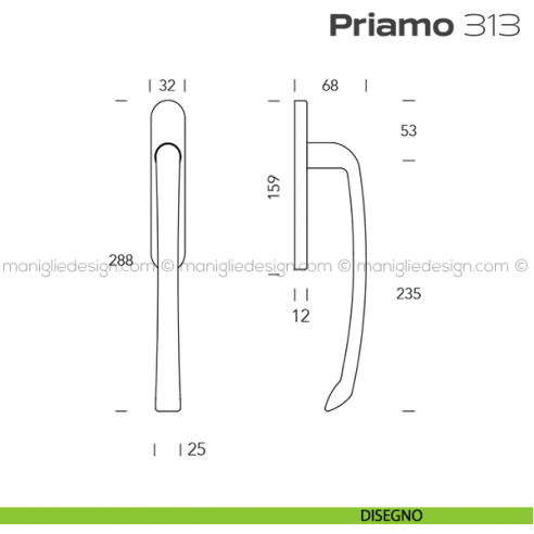 Maniglione per alzante scorrevole 313 Priamo Reguitti accoppiato disegno