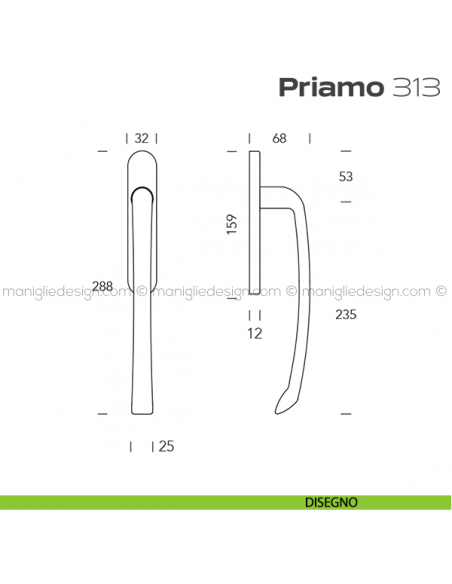 Maniglione per alzante scorrevole 313 Priamo Reguitti accoppiato disegno