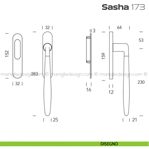 Maniglione per alzante scorrevole 173 Sasha singolo disegno