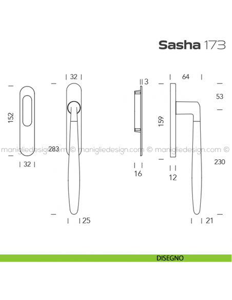 Maniglione per alzante scorrevole 173 Sasha singolo disegno
