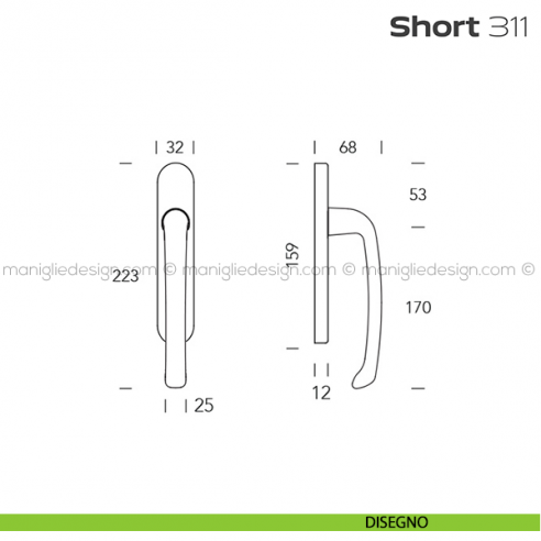 Maniglione per alzante scorrevole 311 Short Reguitti accoppiato disegno