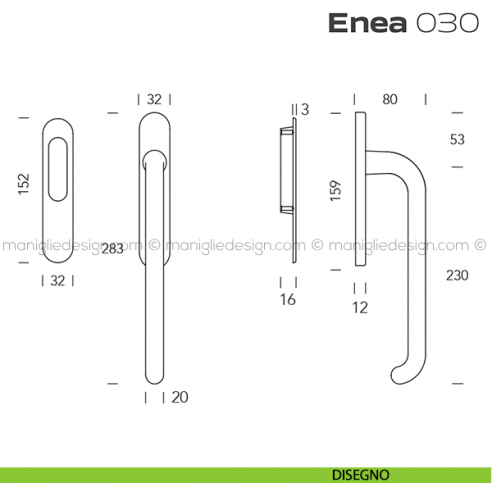Maniglione per alzante scorrevole 030 Enea singolo disegno