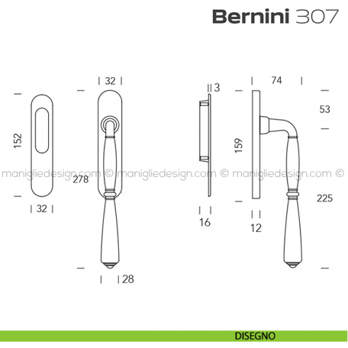 Maniglione per alzante scorrevole 307 Bernini singolo disegno
