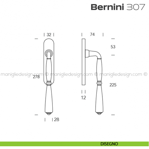 Maniglione per alzante scorrevole 307 Bernini Reguitti accoppiato disegno