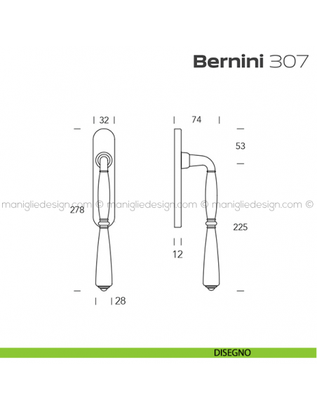 Maniglione per alzante scorrevole 307 Bernini Reguitti accoppiato disegno