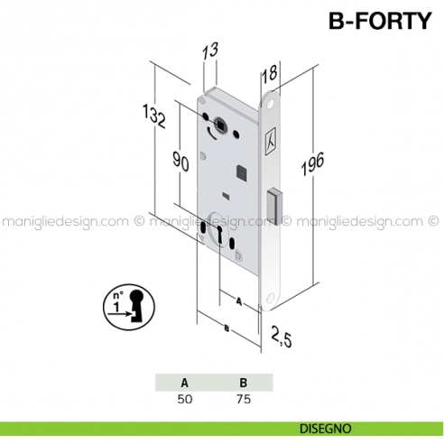Serratura magnetica Bonaiti B-Forty chiave modello N65 disegno