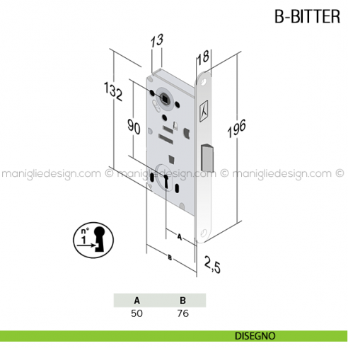 Serratura meccanica Bonaiti B-Bitter chiave modello T60 disegno
