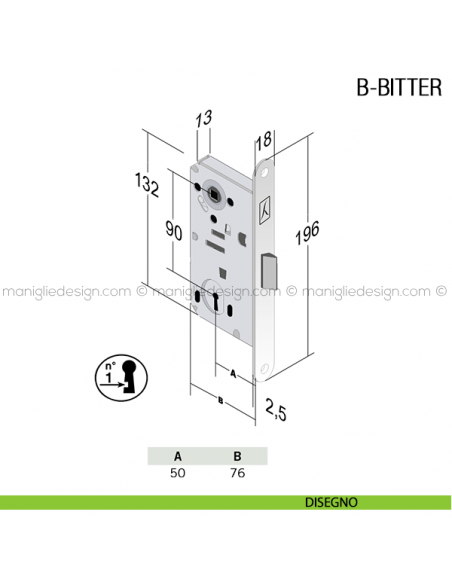 Serratura meccanica Bonaiti B-Bitter chiave modello T60 disegno