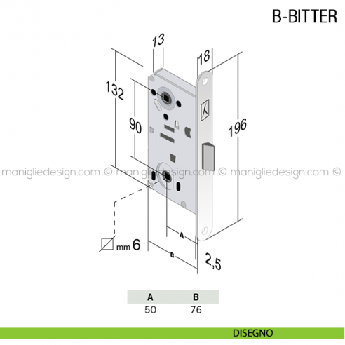 Serratura meccanica Bonaiti B-Bitter nottolino WC modello T61 disegno