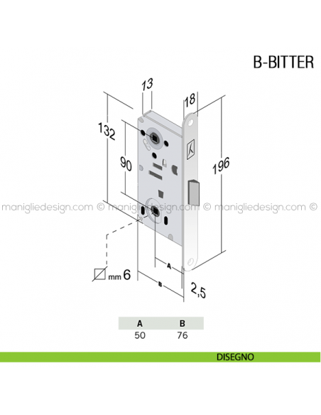 Serratura meccanica Bonaiti B-Bitter nottolino WC modello T61 disegno