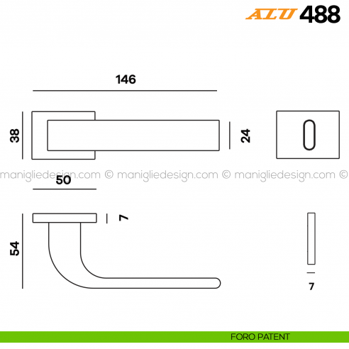 Maniglia per porta ALU 488 Comit con rosetta rettangolare foro patent