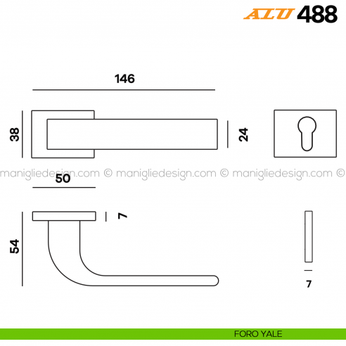 Maniglia per porta ALU 488 Comit con rosetta rettangolare foro yale
