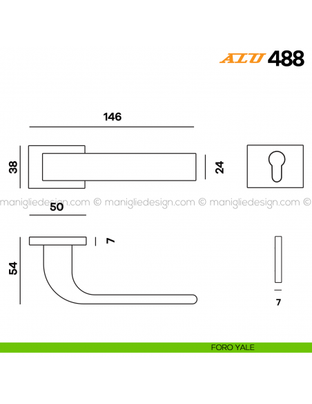 Maniglia per porta ALU 488 Comit con rosetta rettangolare foro yale