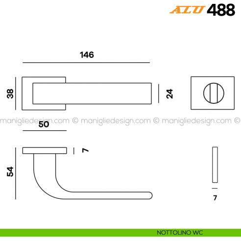 Maniglia per porta ALU 488 Comit con rosetta rettangolare con nottolino WC