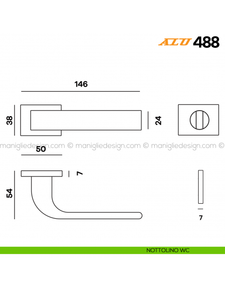 Maniglia per porta ALU 488 Comit con rosetta rettangolare con nottolino WC