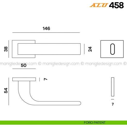 Maniglia per porta ALU 458 Comit con rosetta rettangolare foro patent
