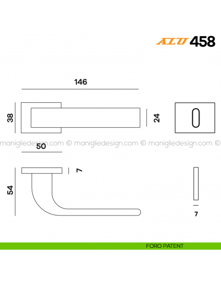 Maniglia per porta ALU 458 Comit con rosetta rettangolare foro patent