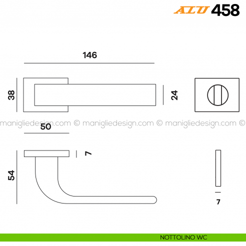 Maniglia per porta ALU 458 Comit con rosetta rettangolare con nottolino WC