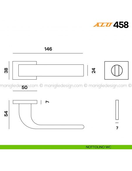 Maniglia per porta ALU 458 Comit con rosetta rettangolare con nottolino WC