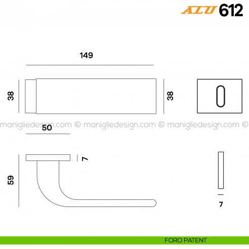 Maniglia per porta ALU 612 Comit con rosetta rettangolare foro patent