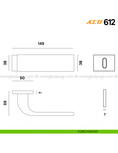 Maniglia per porta ALU 612 Comit con rosetta rettangolare foro patent